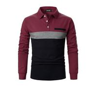 LUVCES Polo Hombre Manga Larga Casual Bloques de Colores Cuello Contraste Camiseta Algodón Golf Polo Shirt Tops Manga Larga Burdeos + Gris + Azul Marino XL