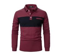 LUVCES Polo Hombre Manga Larga Casual Bloques de Colores Cuello Contraste Camiseta Algodón Golf Polo Shirt Tops Manga Larga Azul Marino + Burdeos L