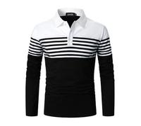 LUVCES Polo Manga Larga Hombre Camiseta de Golf Informal a Rayas y Corte Ajustado de algodón con Colores en Contraste Manga Larga Azul Marino + Verde Oscuro XL