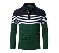 LUVCES Polo Manga Larga Hombre Camiseta de Golf Informal de Manga Larga a Rayas y Corte Ajustado de algodón con Colores en Contraste Manga Larga Azul Marino + Blanco S