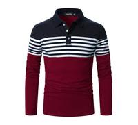 LUVCES Polo Manga Larga Hombre Camiseta de Golf Informal de Manga Larga a Rayas y Corte Ajustado de algodón con Colores en Contraste Manga Larga Azul Marino + Burdeos M