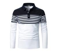 LUVCES Polo Manga Larga Hombre Camiseta de Golf Informal de Manga Larga a Rayas y Corte Ajustado de algodón con Colores en Contraste Manga Larga Azul Marino + Blanco S