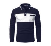LUVCES Polo Manga Larga Hombre Casual Algodón Bloque de Color a Rayas Cuello Golf Camisa Poloshirt Otoño Invierno T-Shirt Manga Larga Azul Marino + Blanco L