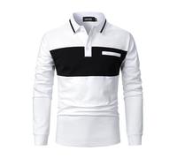 LUVCES Polo Manga Larga Hombre Casual Algodón Bloque de Color a Rayas Cuello Golf Camisa Poloshirt Otoño Invierno T-Shirt Manga Larga Blanco + Negro S