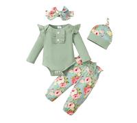 LUVCES Ropa Bebé Niña Recién Nacida de Manga Larga con Volantes Acanalados + Pantalón Floreado + Diadema Conjunto Bonito de Otoño 4Pcs Verde 6-12 Meses
