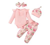 LUVCES Ropa Bebé Niña Recién Nacida de Manga Larga con Volantes Acanalados + Pantalón Floreado + Diadema Conjunto Bonito de Otoño 4Pcs Rosa 6-12 Meses