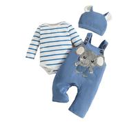 LUVCES Ropa de Bebé Recién Nacidos Manga Larga Pelele de Rayas + Mono Pantalones con Tirantes y Dibujos de Animales + Gorro 3 Piezas Otoño Conjuntos 3Pcs Elefante de rayas azules 6-12 Meses