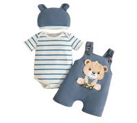 LUVCES Ropa de Bebé Recién Nacidos Manga Larga Pelele de Rayas + Mono Pantalones con Tirantes y Dibujos de Animales + Gorro 3 Piezas Otoño Conjuntos Manga corta a rayas azules Osos 12-18 Meses