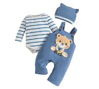 LUVCES Ropa de Bebé Recién Nacidos Manga Larga Pelele de Rayas + Mono Pantalones con Tirantes y Dibujos de Animales + Gorro 3 Piezas Otoño Conjuntos 3Pcs Oso de rayas azules 6-12 Meses