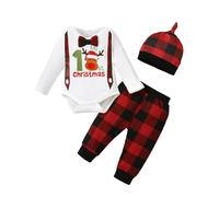 LUVCES Ropa de mi Primera Navidad para Bebés Mameluco de Caballero Estampado de Papá Noel+ Pantalones a Cuadros Rojos y Sombrero Conjuntos de Trajes Navideños 3Pcs Alce blanco de Navidad 3-6 Meses