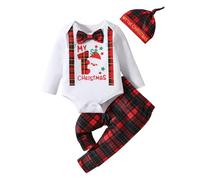 LUVCES Ropa de mi Primera Navidad para Bebés Mameluco de Caballero Estampado de Papá Noel+ Pantalones a Cuadros Rojos y Sombrero Conjuntos de Trajes Navideños 3Pcs blanco primera navidad 12-18 Meses