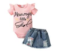 LUVCES Ropa para Niña Recién Nacida Mono de Manga Corta con Volantes y Falda Vaquera Rota Conjunto Traje de Verano para Bebé Rosa Mommy's little girl 3-6 Meses
