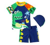 LUVCES Traje de Baño para Ninos Conjunto de 3 Piezas Estampado Dinosaurio/Tiburón Camiseta + Trusa para Nadar + Gorro Bañador Piscina Rashguard 3Pcs Dinosaurio 5-6 Años