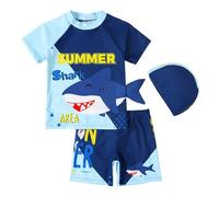 LUVCES Traje de Baño para Ninos Conjunto de 3 Piezas Estampado Dinosaurio/Tiburón Camiseta + Trusa para Nadar + Gorro Bañador Piscina Rashguard 3Pcs Tiburón 4-5 Años
