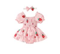 LUVCES Vestido de Verano para Bebé Niña Manga Corta Estampado de Fresas/Osos Vestidi de Mameluco + Diadema 2 Piezas Conjunto de Verano Ropa 2pcs Fresa Rosa 3-6 Meses