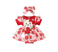 LUVCES Vestido de Verano para Bebé Niña Manga Corta Estampado de Fresas/Osos Vestidi de Mameluco + Diadema 2 Piezas Conjunto de Verano Ropa 2pcs Oso de Fresa Rojo 0-3 Meses