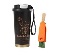LUVDECO Taza de café térmica reutilizable, 500ml Taza de café aislada con tapa a prueba de fugas, con cepillo limpiador de zanahorias, Tazas de viaje con flores de acero inoxidable 316 (Negro)