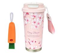LUVDECO Taza de café térmica reutilizable, 500ml Taza de café aislada con tapa a prueba de fugas, con cepillo limpiador de zanahorias, Tazas de viaje con flores de acero inoxidable 316 (Rosa)