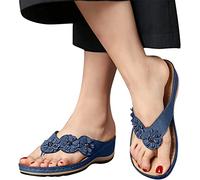 LUWAY Leather Orthopedic Arch Support Sandals Walking Sandals Comfort Orthopedic Sandals for Women Comfortable Pinch Toe Beach Flip-Flops Slippers,Azul,US8/EU40