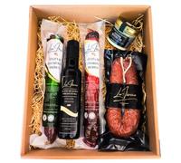 LUX IBÉRICO - Cesta Gourmet para Regalar "Dalciva" - Caja de Productos Ibéricos - Lote con Aceite de Oliva, Crema de Queso, Salchichón, Chorizo y Morcilla - Pack Regalo Comida