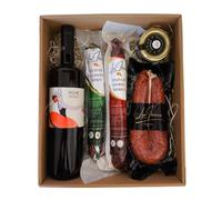 LUX IBÉRICO - Cesta Gourmet para Regalar "Livia" - Caja de Productos Ibéricos - Lote con Crema de Queso de Oveja, Vino Verdejo, Morcilla Patatera, Salchichón y Chorizo Ibérico.