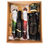 LUX IBÉRICO - Cesta Gourmet para Regalar "Norbensis" - Caja de Productos Ibéricos - Lote con Aceite de Oliva, Crema Queso de Oveja, Salchichón, Chorizo y Morcilla Ibérica - Regalo Gourmet Original