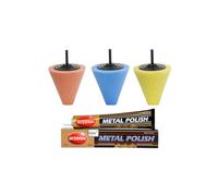 Lux Metal - Kit Abrillantador Coche de 3 Conos de Esponja (Naranja, Azul, Amarillo) + 1 Metal Polish Autosol - Limpieza y Pulido de Cromados, Pinturas, Metales y Aluminio para un Acabado Perfecto