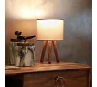 lux.pro Lámpara de Mesa Trípode Lámpara para Mesita de Noche 1xE27 20 W Madera/Tela 15 x Ø 18 cm Altura 33 cm Color Arena/Efecto Madera