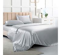 Luxbedding Juego de sábanas de satén, tamaño matrimonial, Color Gris Plateado, Juego de sábanas sedosas de 4 Piezas con 1 sábana Bajera de Bolsillo Profundo, 1 sábana encimera y 2 Fundas de Almohada