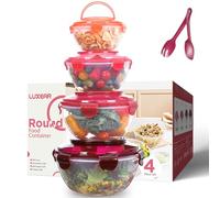 Luxear 4 Juego Cuencos Cocina con Tapas A Prueba de Fugas con Asa Fácil de Transportar Ensaladera de Plástico con Tenedor Y Cuchara, Reutilizables para Microondas, Frigorífico, Oficina, picnic