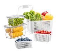 Luxear Juego de 3 Recipientes Alimentos para Nevera, Contenedor Alimentos Frescos con Escurridor y Tapa 4 L+1,7 L+0,5 L, Recipientes Almacenamiento sin BPA para Verduras Frutas Ensalada Queso, Blanco