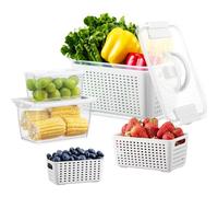 Luxear Juego de 3 Recipientes para Frutas y Verduras con Tapa y Colador, Reutilizable, Organizador para Nevera de 4L+1,7L+0,5L, ContenedorAlimento Refrigerador Sin BPA, Apto para Lavavajillas, Blanco