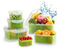 Luxear Juego de 5 Recipientes de Alimentos para Nevera, Reutilizable, Recipientes de Almacenamiento Fresco con Colador y Tapa, Contenedor de Plástico sin BPA para Ensalada Verduras Frutas Queso, Verde