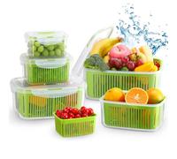 Luxear Juego de 5 Recipientes de Alimentos para Nevera, Reutilizable, Recipientes de Almacenamiento Fresco con Colador y Tapa, Contenedor de Plástico sin BPA para Ensalada Verduras Frutas Queso, Verde