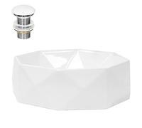 LuxeBath Lavabo Cerámica Blanco Brillante En Forma De Diamante Ø 420 x 135 mm Incl. Juego De Desagüe Sin Rebosadero 100 mm Lavamanos Moderno De Encimera/Colgante Con Fijación A La Pared Para Baño