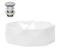 LuxeBath Lavabo Cerámica Blanco Brillante Forma De Diamante Ø 420 x 135 mm Incl. Juego De Desagüe Cromado Sin Rebosadero 100mm Lavamanos Moderno De Encimera/Colgante Con Fijación A La Pared Para Baño