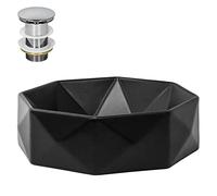LuxeBath Lavabo Diseño de Rombos Ø 42x13,5 cm Negro de Cerámica Mate Fregadero para Pared o Sobre Encimera con Juego de Desagüe Cromado Lavamanos Moderno Estilo Diamante Pila para Mueble de Baño