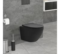 LuxeBath WC Suspendido Negro de Cerámica sin Borde, Inodoro Colgante 49 cm Corto con Nanorecubrimiento Descarga Profunda de Tornado para Baño, Wáter con Asiento Extraíble y Tapa Softclose