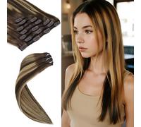 LuxeTress Extensiones de pelo humano con clip, 50 cm, 120 g, 7 unidades, extensiones de pelo natural liso, extensiones de cabello natural liso, doble costura (20 pulgadas, 120 g, #4/27/4)