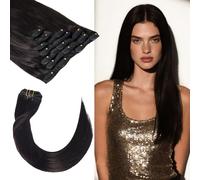 LuxeTress Extensiones de pelo humano con clip, 55 cm, 120 g, 7 unidades, extensiones de pelo natural liso, doble costura, 120 g, # 1B