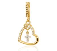 LuxglitterLin Abalorio colgante de cruz de corazón con circonita cúbica compatible con pulseras Pandora para mujer, Cobre, Sin piedra preciosa
