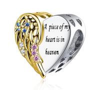 LuxglitterLin Abalorio de corazón con ala de ángel grabado "A Piece of My Heart is in Heaven", compatible con pulseras Pandora, regalo de recuerdo amoroso, Cobre, Sin piedra preciosa
