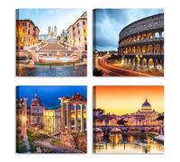 LuxHomeDecor Set de 4 cuadros 30x30 cm - Impresión sobre lienzo con bastidor de madera - Roma: Coliseo, San Pedro, Plaza de España y Foros Imperiales al atardecer