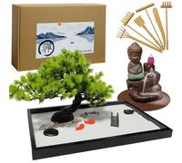 LuXianYS - Juego de regalo de meditación de jardín zen de 12 x 8 pulgadas, arena zen japonesa para escritorio, juego de regalo de jardín de rocas con quemador de incienso de reflujo, 6 herramientas