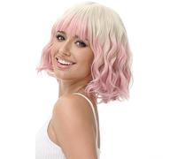 Luxiremi Pelucas Rubias Ombré Rosa Corto Hombro Longitud Rizado Ondulado Peluca Bob con Flequillo Sintético Cosplay Peluca para Mujer