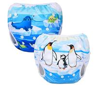 Luxja Pañal de Natación para Bebes Bañador Reutilizable de Nadar de Bebé Pañal Lavable para Bebé (0-3 años), Pingüino + Animales del Mar