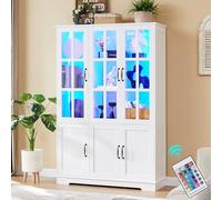 LUXOAK Estantería de 71 pulgadas de alto con puertas, gabinete de pantalla LED con estantes de almacenamiento de 5 niveles, estantería blanca para estudio, oficina en casa, sala de estar, 6 puertas