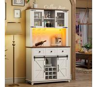 LUXOAK Gabinete de bar de vino de café de 72 pulgadas con puerta corrediza de granero y luces LED, aparador con estante para botellas de vino, 3 cajones, armario de almacenamiento para cocina, comedor