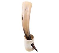 Luxshiny Copa de Cuerno Vikingo para Hidromiel y Cerveza 380 Ml Base de Madera 36-38 CM, Vaso Natural de Buey para Fiestas y Decoración Rústica