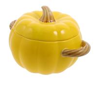 Luxshiny Cuenco de cerámica en forma de calabaza amarilla con tapa y asas dobles, 26 x 17 x 15,5 cm, olla para guisos, sopa, ensalada, postres, uso en cocina